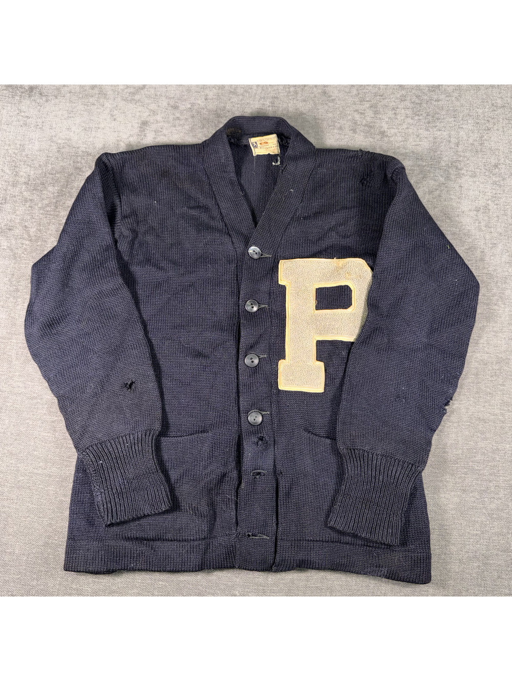 Vintage Champion Navy Blue Letterman Cardigan Sweater with 'P' Patch, Size 42